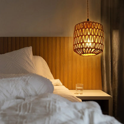 Woven Rattan Wall Lamp, Wood Arm Plug-In Bedside Sconce