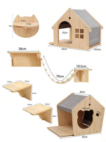 Wall-Mounted Cat Climbing Shelf Set with Cozy House Bed