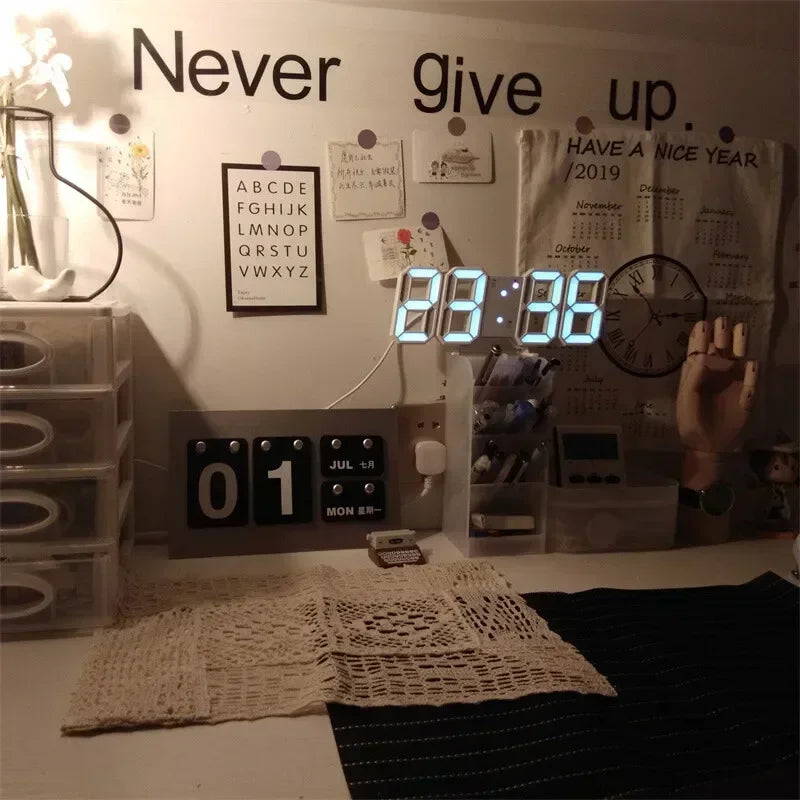 3D LED Digital Wall Clock with Night Mode, Modern Decor