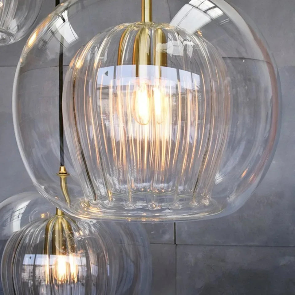 Nordic Ribbed Glass Pendant Light - Hand-Blown Style Amber Globe