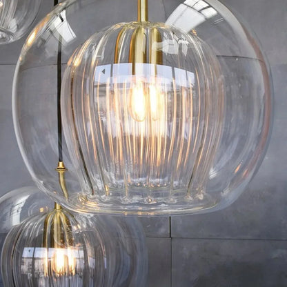 Nordic Ribbed Glass Pendant Light - Hand-Blown Style Amber Globe