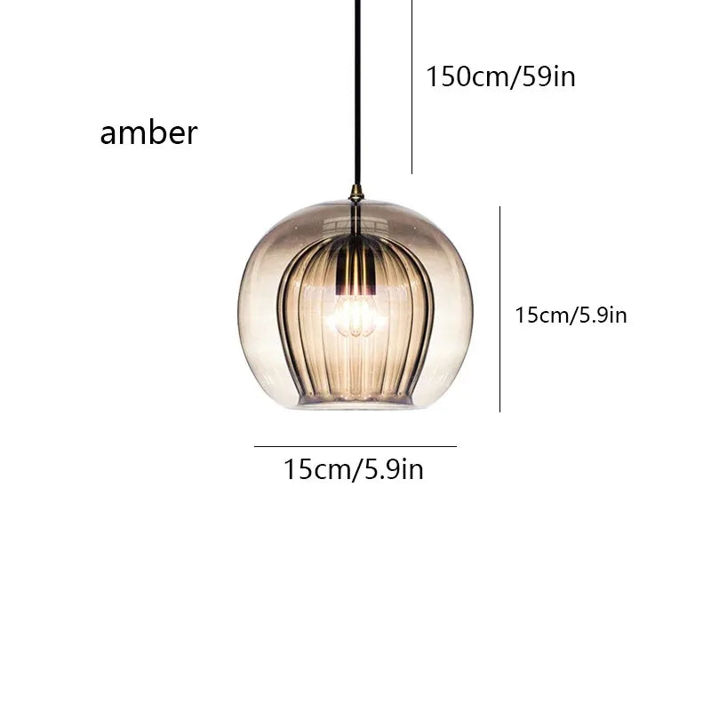 Nordic Ribbed Glass Pendant Light - Hand-Blown Style Amber Globe