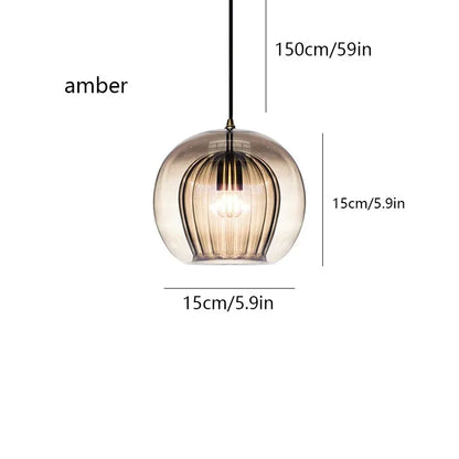 Nordic Ribbed Glass Pendant Light - Hand-Blown Style Amber Globe