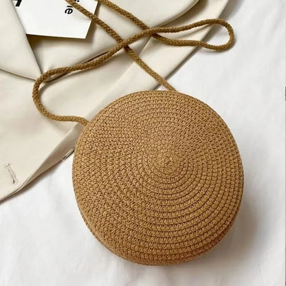Minimalist Round Straw Crossbody Purse — Woven Shoulder Handbag for Women