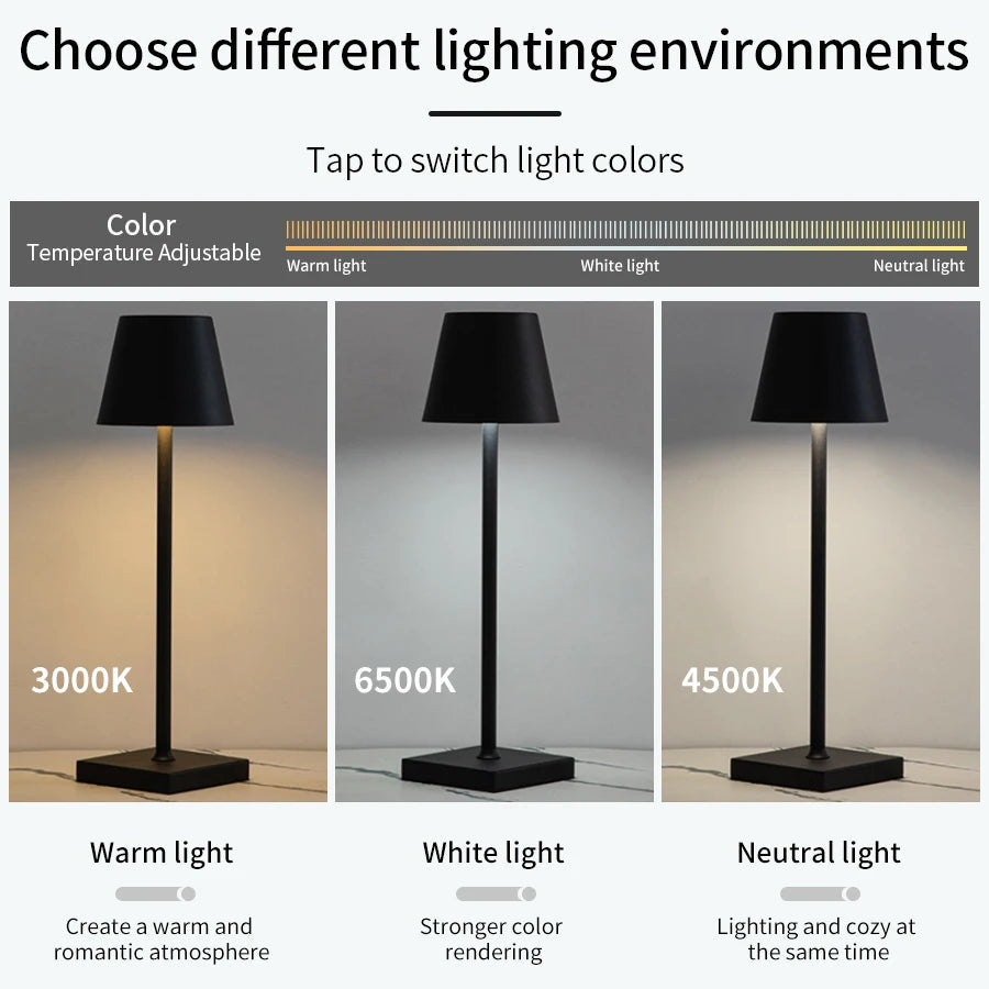 Rechargeable Cordless Table Lamp Touch Dimmable 3 Brightness Levels