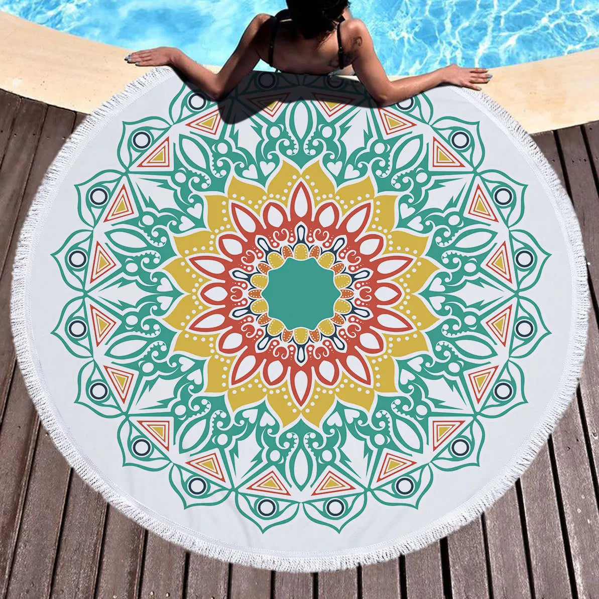 Bohemian Mandala Round Beach Towel — Microfiber Tassel Towel with Tassels for Women