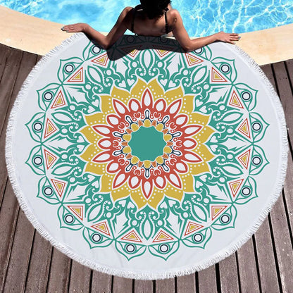 Bohemian Mandala Round Beach Towel — Microfiber Tassel Towel with Tassels for Women