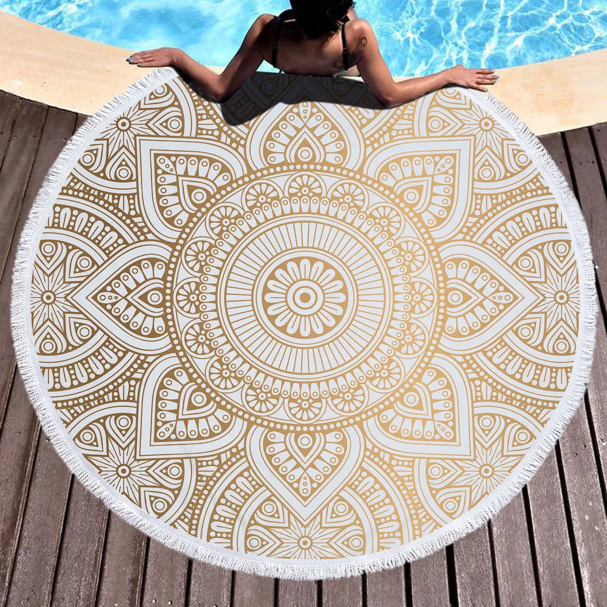 Bohemian Mandala Round Beach Towel — Microfiber Tassel Towel with Tassels for Women