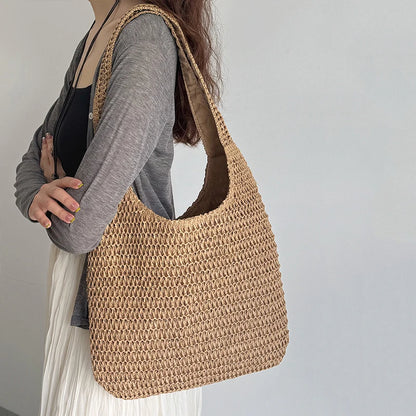 Large Woven Rattan Shoulder Bag — Roomy Straw Summer Handbag for Women