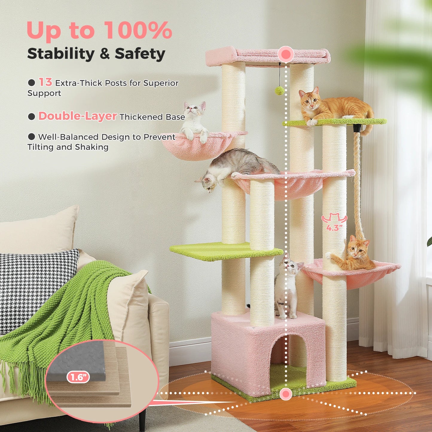 Large Multi-Level Cat Tree Tower for Big Cats With Condo and Perches