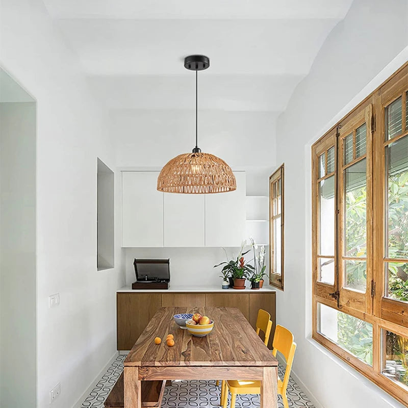 Japanese Hand Woven Hemp Rope Pendant Light Rustic Boho Dome
