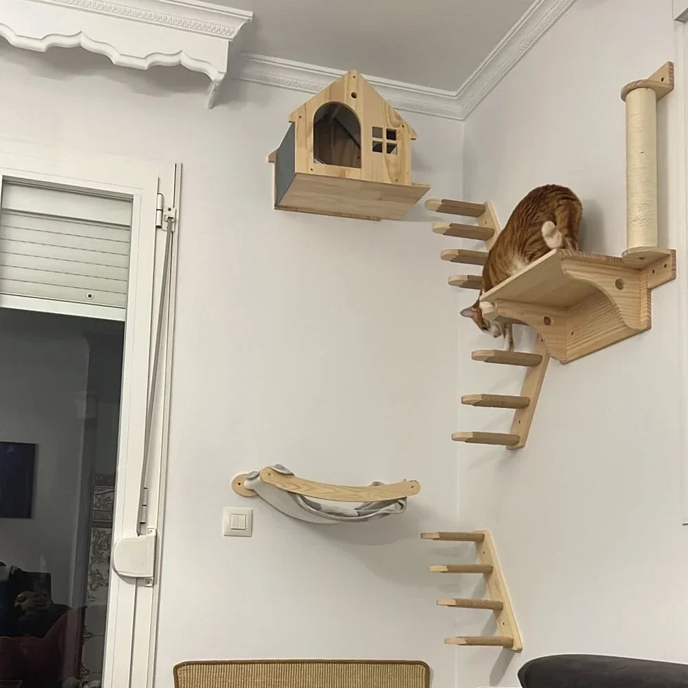 Wooden Wall-Mounted Cat Climbing Shelves with Sisal Scratcher