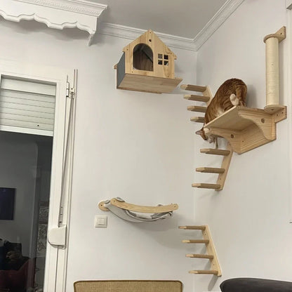 Wooden Wall-Mounted Cat Climbing Shelves with Sisal Scratcher
