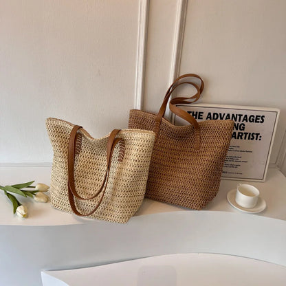 Hand-Woven Boho Straw Beach Tote — Summer Shoulder Handbag for Women
