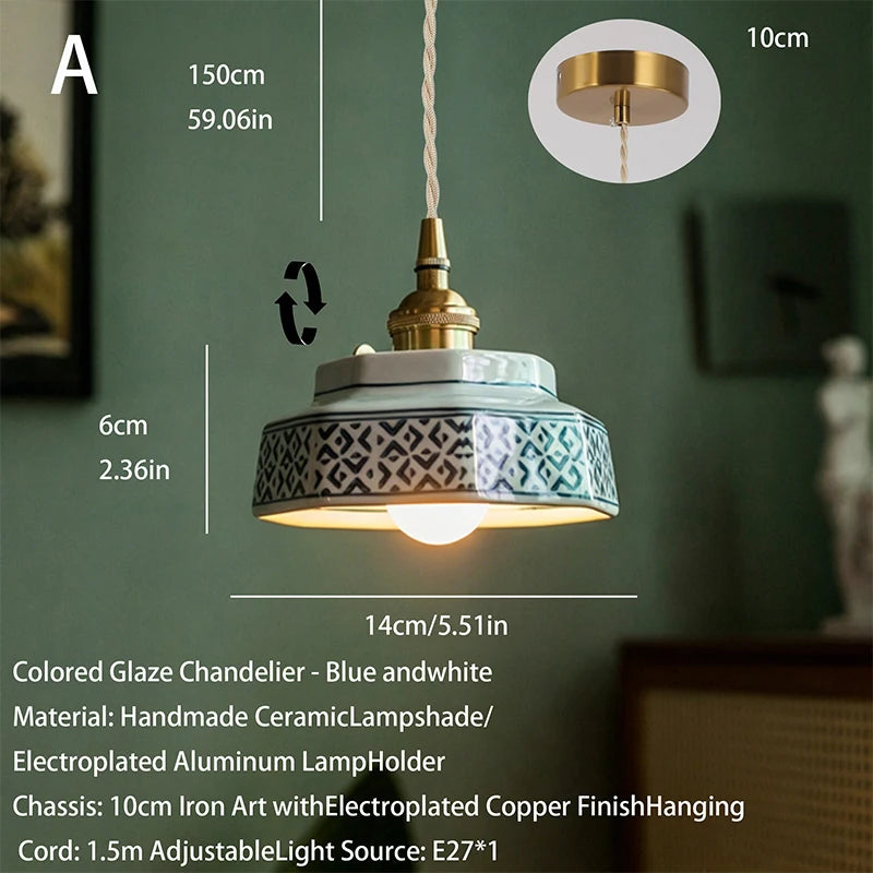 Retro Ceramic Pendant Light with Hand-Painted Trim