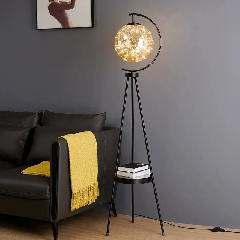 Gold Tripod Floor Lamp with Starry Glass Globe and Tray