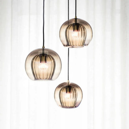 Nordic Ribbed Glass Pendant Light - Hand-Blown Style Amber Globe
