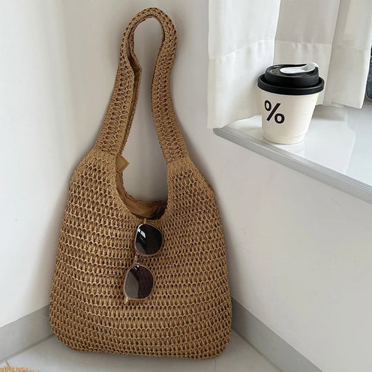 Large Woven Rattan Shoulder Bag — Roomy Straw Summer Handbag for Women