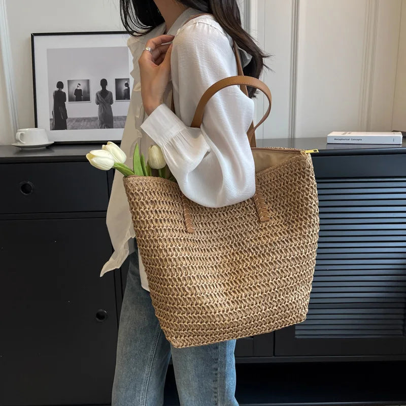 Hand-Woven Boho Straw Beach Tote — Summer Shoulder Handbag for Women