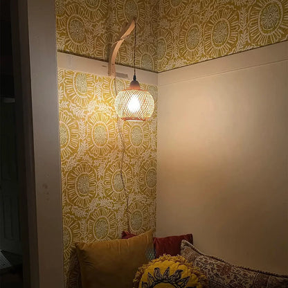 Woven Bamboo Rattan Wall Lamp with Wood Bracket