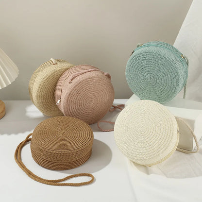 Minimalist Round Straw Crossbody Purse — Woven Shoulder Handbag for Women