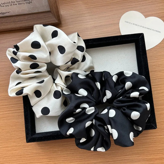 Polka Dot Satin Scrunchies for Women — Soft Silky Elastic Hair Ties for Summer