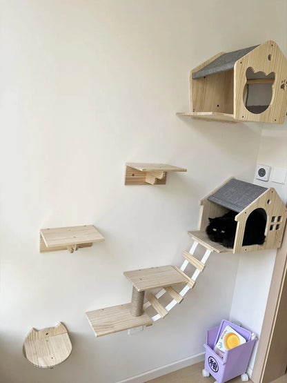 Wall-Mounted Cat Climbing Shelf Set with Cozy House Bed