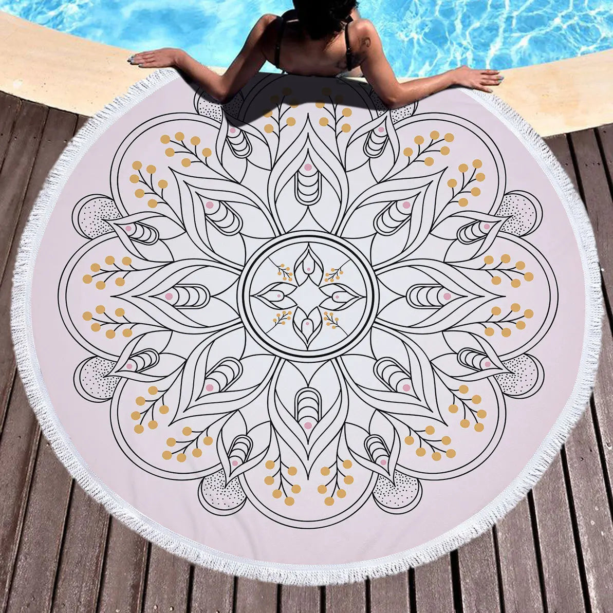 Bohemian Mandala Round Beach Towel — Microfiber Tassel Towel with Tassels for Women
