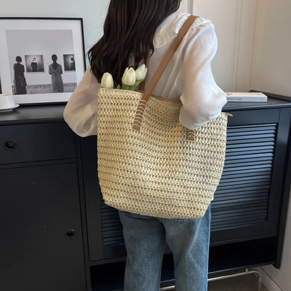 Hand-Woven Boho Straw Beach Tote — Summer Shoulder Handbag for Women