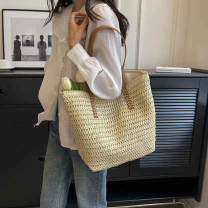 Hand-Woven Boho Straw Beach Tote — Summer Shoulder Handbag for Women