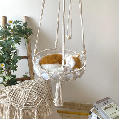 Hand-Woven Hanging Cat Hammock Cotton Rope Macrame Bed