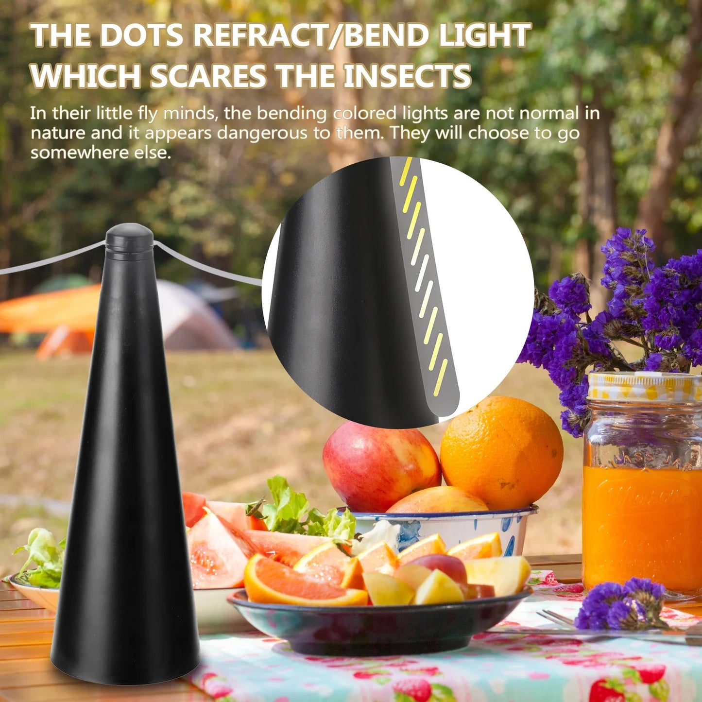 Fly repellent table fan with reflective spinning blades for food