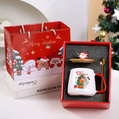 Christmas Ceramic Mug With Lid and Spoon, Holiday Gift Cup