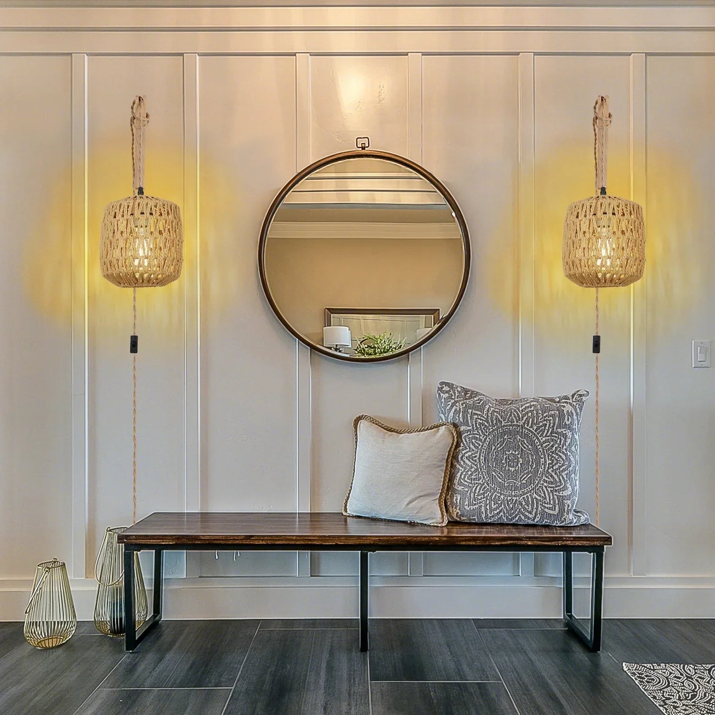 Woven Rattan Wall Lamp, Wood Arm Plug-In Bedside Sconce