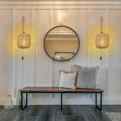 Woven Rattan Wall Lamp, Wood Arm Plug-In Bedside Sconce