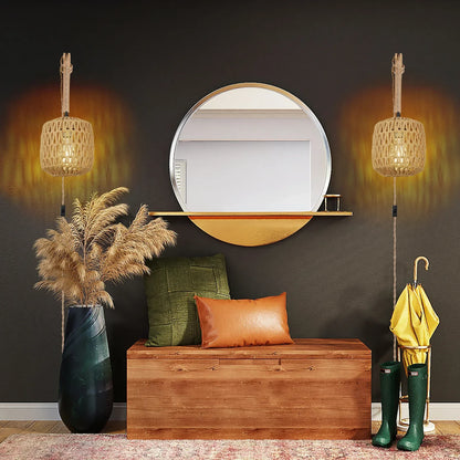 Woven Rattan Wall Lamp, Wood Arm Plug-In Bedside Sconce