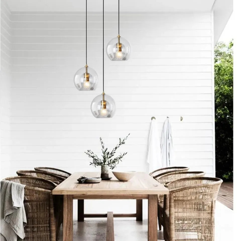 Nordic Ribbed Glass Pendant Light - Hand-Blown Style Amber Globe