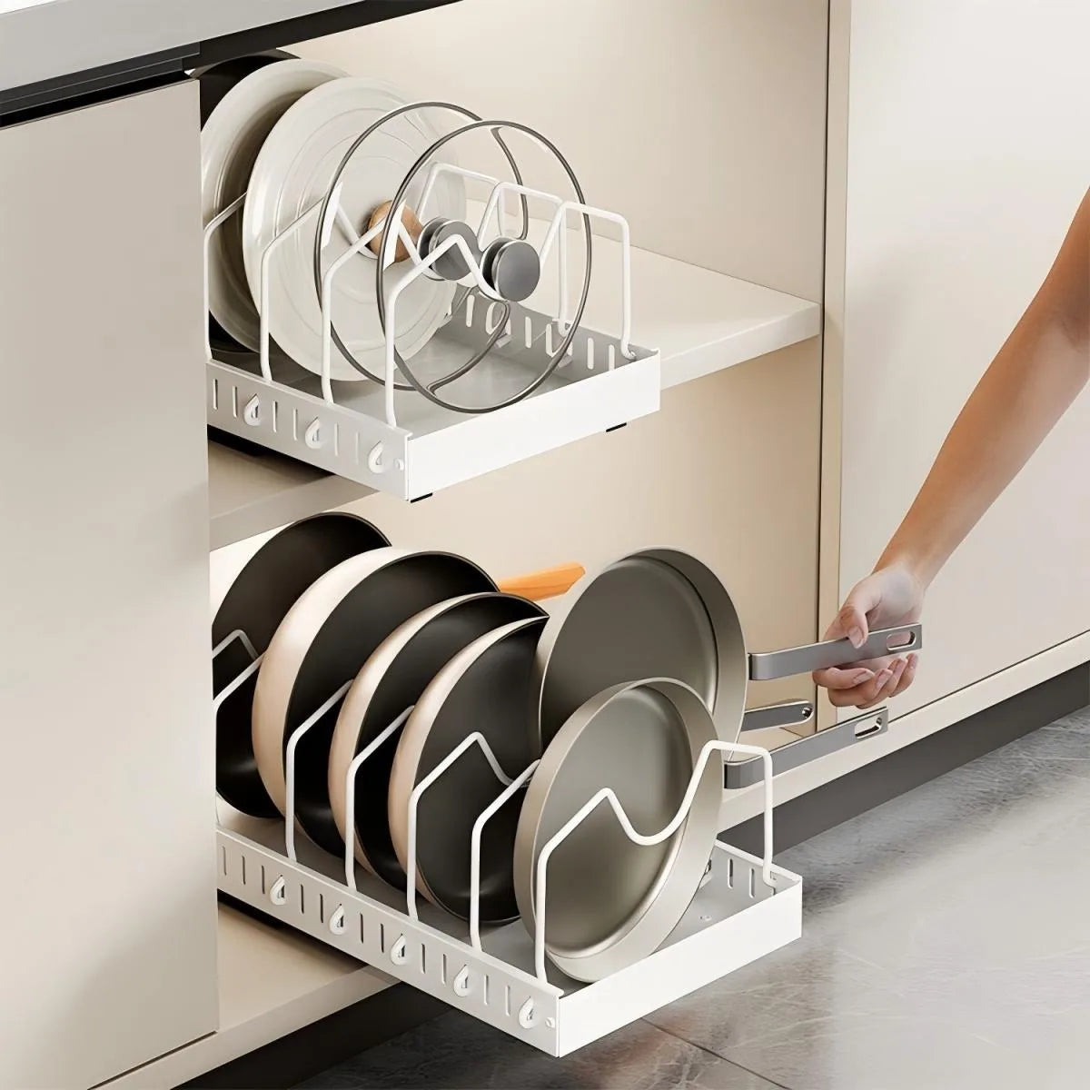 Expandable Pull-Out Pot Pan and Lid Organizer Rack