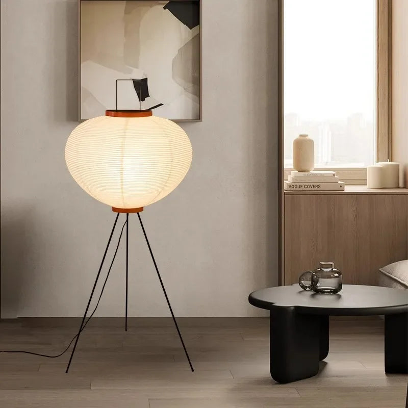 Japanese Rice Paper Tripod Floor Lamp Wabi Sabi Lantern