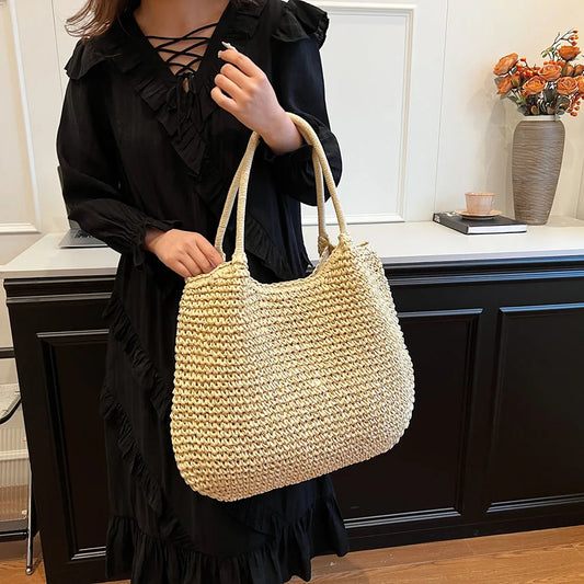 Vintage Straw Tote Bag — Large Solid-Color Woven Shoulder Bag for Women