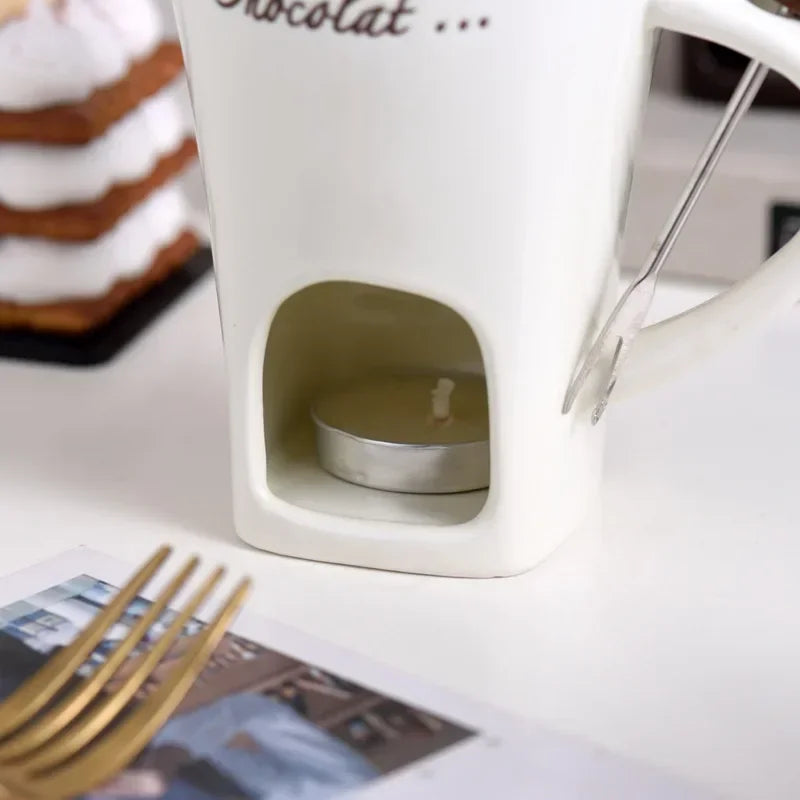 Ceramic Melting Mug with Fork & Tea Light, 130ml Fondue Cup
