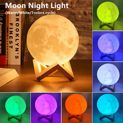 3D Moon Lamp Night Light with Wooden Stand