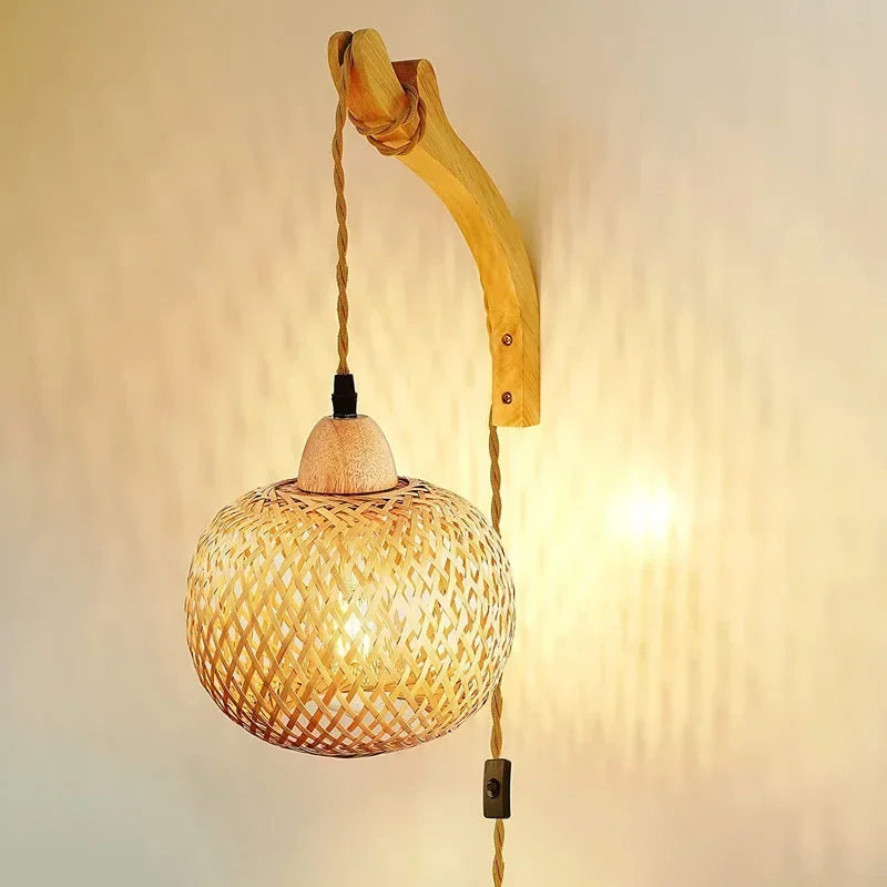 Woven Bamboo Rattan Wall Lamp with Wood Bracket