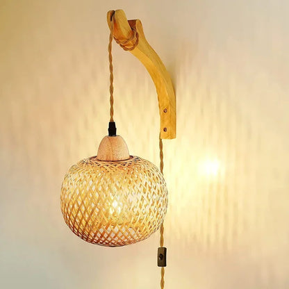 Woven Bamboo Rattan Wall Lamp with Wood Bracket