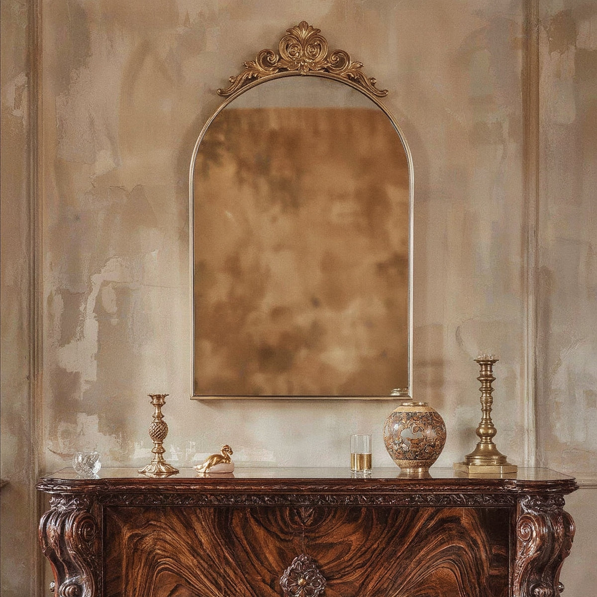 Brass Baroque Wall Mirror, 24×36 Arched