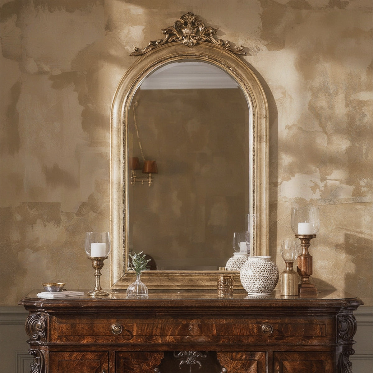 Brass Baroque Wall Mirror, 24×36 Arched
