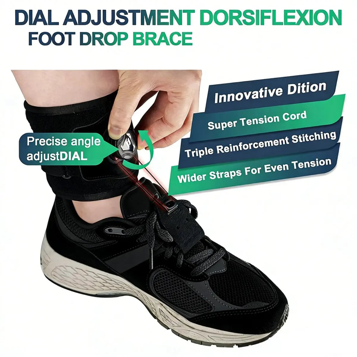 Dial-adjust dorsiflexion design with reinforced stitching and wider straps for even support