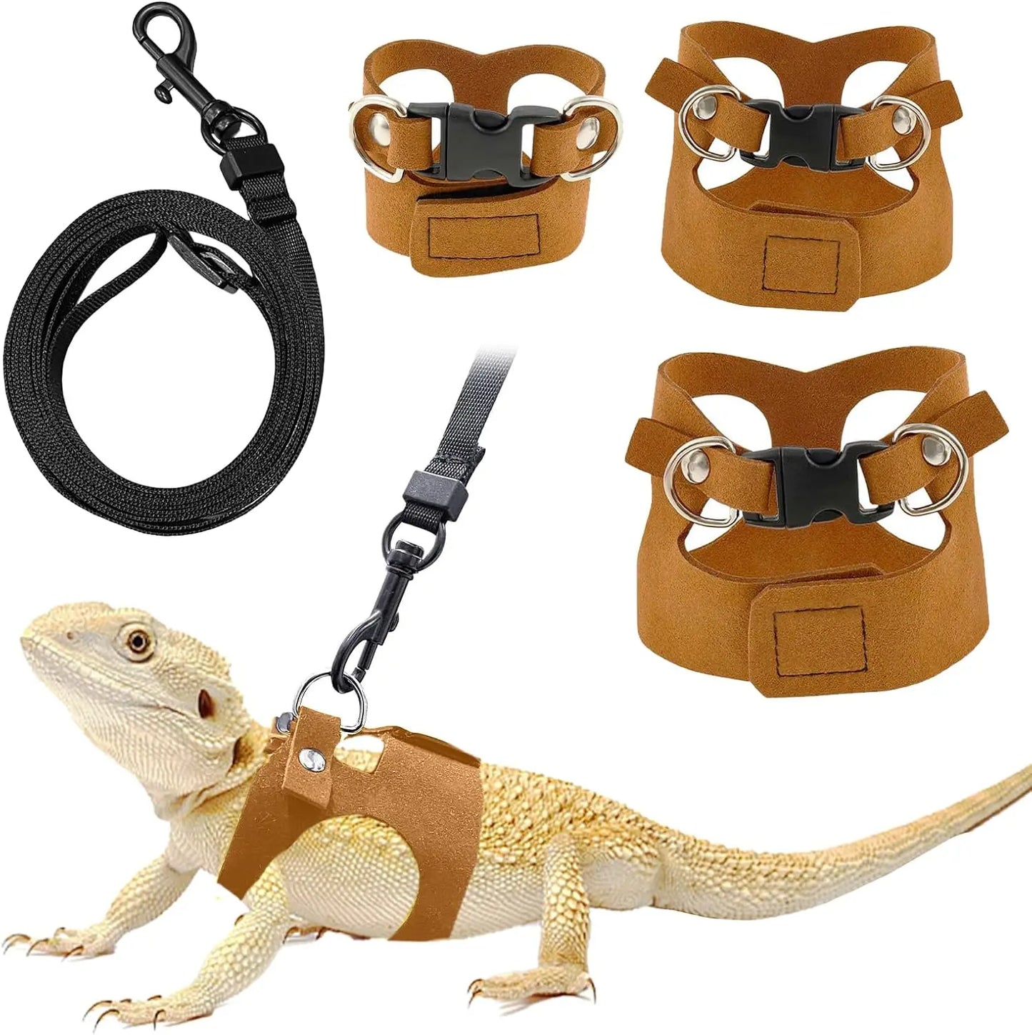 Adjustable Bearded Dragon Harness & Leash for Lizards — Soft, S/M/L 3-Pack