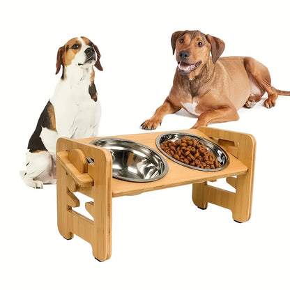 Bamboo Elevated Double-Bowl Cat Feeding Station with Stainless Bowls