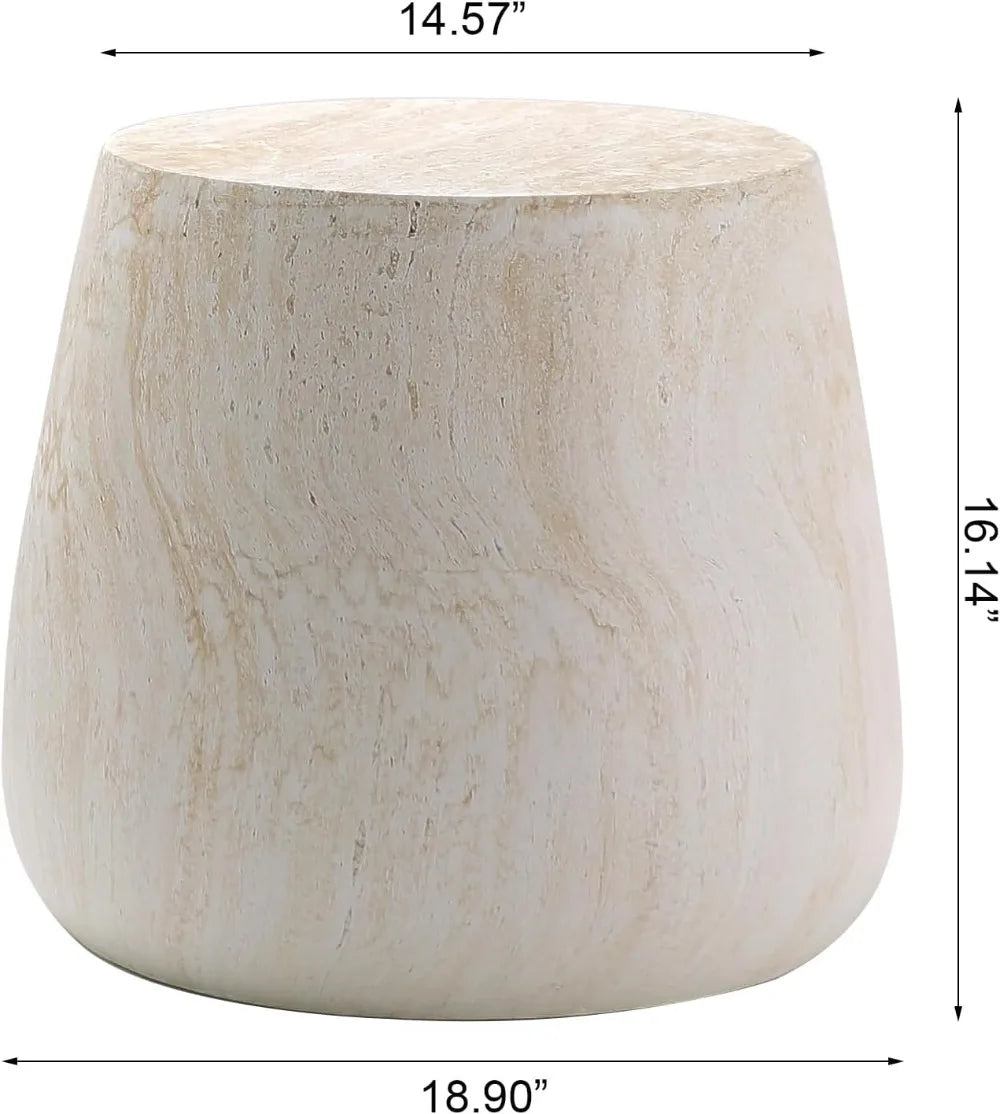 Roma travertine-finish pedestal side table — real product photo — dimensions
